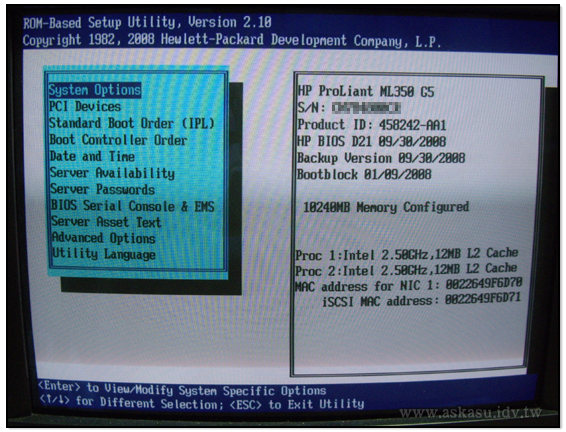 HP ML350 G5的BIOS畫面