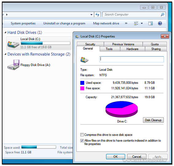 Windows 7 安裝完畢後的硬碟空間