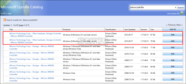 JMB36x Driver in Windows Update Catalog Site